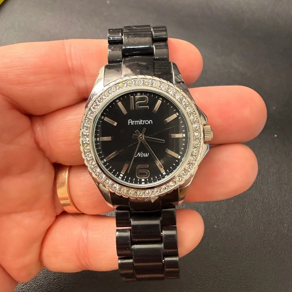 Armitron Now‎ 75/3935SV Women's Silver Tone Quartz Black Band Watch New Battery